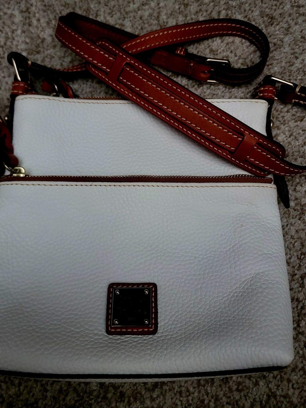Dooney & Bourke White Pebbled Leather Crossbody with Brown Trim